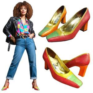 VTG 80s Timothy Hitsman Colorblock Leather Snakeskin Square Toe Pumps Sz 7.5